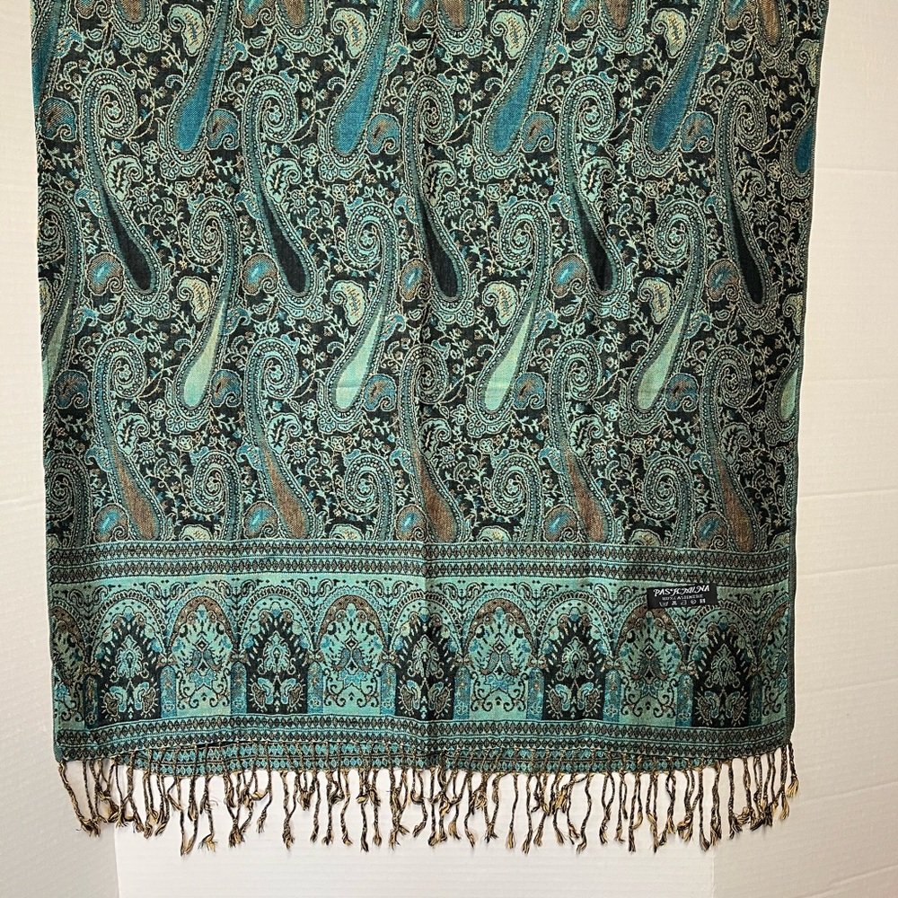 Pashmina 100% Cashmere blue Paisley scarf wrap with fringe 28” x 77” - Picture 3 of 8